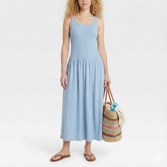 Universal Thread Dresses & Skirts - Universal Thread Ribbed Drop Waist Midi Dress XXL Light Blue Sleeveless NWT Boho